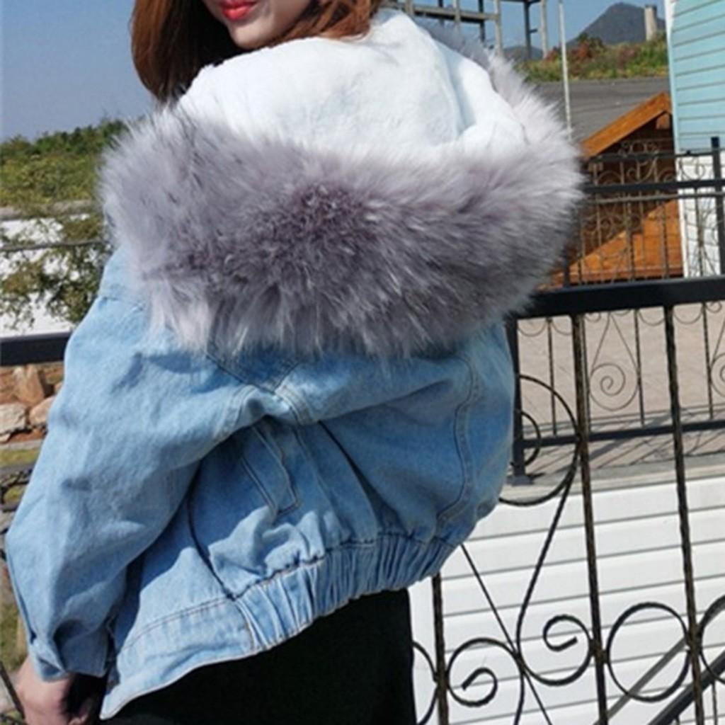 Женская осенне-зимняя однотонная плюшевая джинсовая куртка с капюшоном и карманами, хлопковая куртка