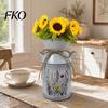 Farmhouse Decor Vase Vintage Iron Flower Bucket, Rustic White Double-Handle Metal with Floral Print & Jute Dried Holder Bow, Tabletop for