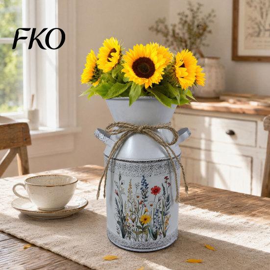 Farmhouse Decor Vase Vintage Iron Flower Bucket, Rustic White Double-Handle Metal with Floral Print & Jute Dried Holder Bow, Tabletop for