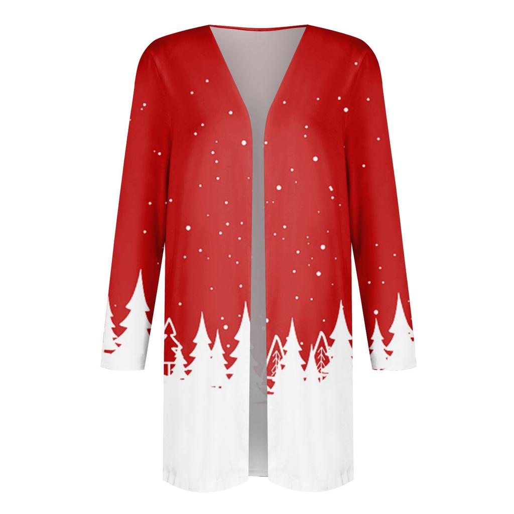 Женская мода повседневное рождественский принт средней длины Slim Fit кардиган пальто