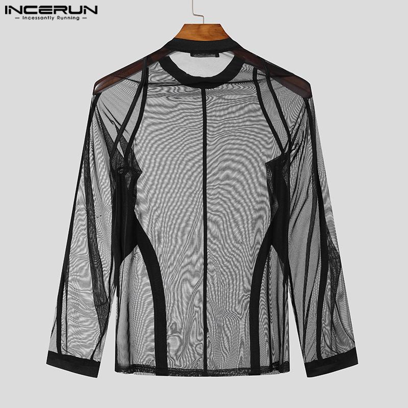 INCERUN Мужские сексуальные сетчатые футболки с длинным рукавом, облегающие прозрачные топы для вечеринок и клубов 