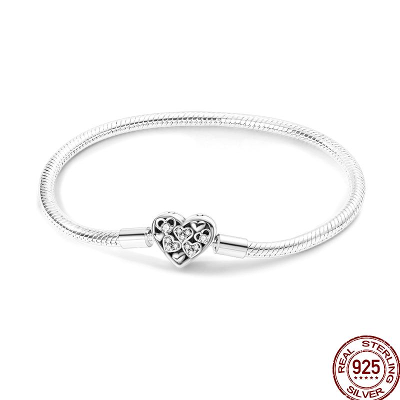 925 Silver 17-20CM Heart Pave Zirconia Original Bracelets Infinity Bracelet Fit DIY Charms Bead Birthday Jewelry Gifts Hot Sale