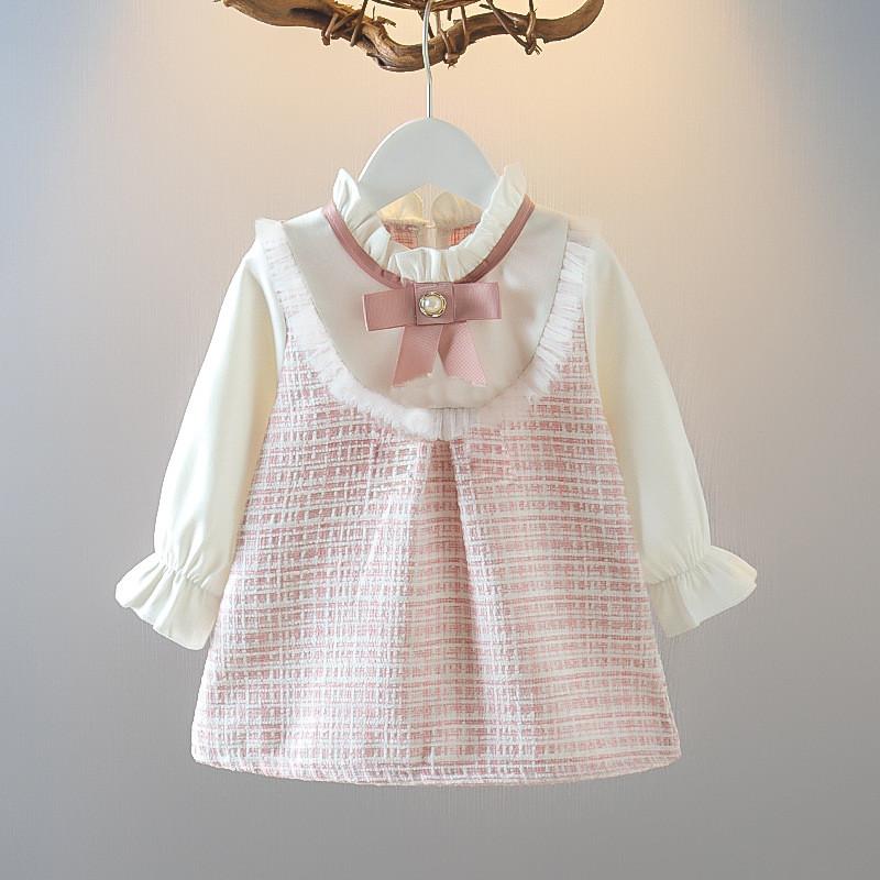 Girl Checker Dress With Bow For Spring Casual Wear