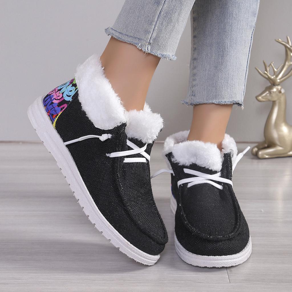 Retro Comfortable Women Plush Lined Snow Boots Sunflower Shoes Print Cozy Slip On Shoes Fuzzy Canvas Shoes Thermal Ankle Boots