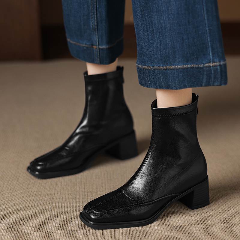 Krazing Pot Микрофибра Квадратный Носок Толстый Каблук Ботильоны Челси Размер 42 Молния Женские Плиссированная Отделка Эластичные Ботильоны