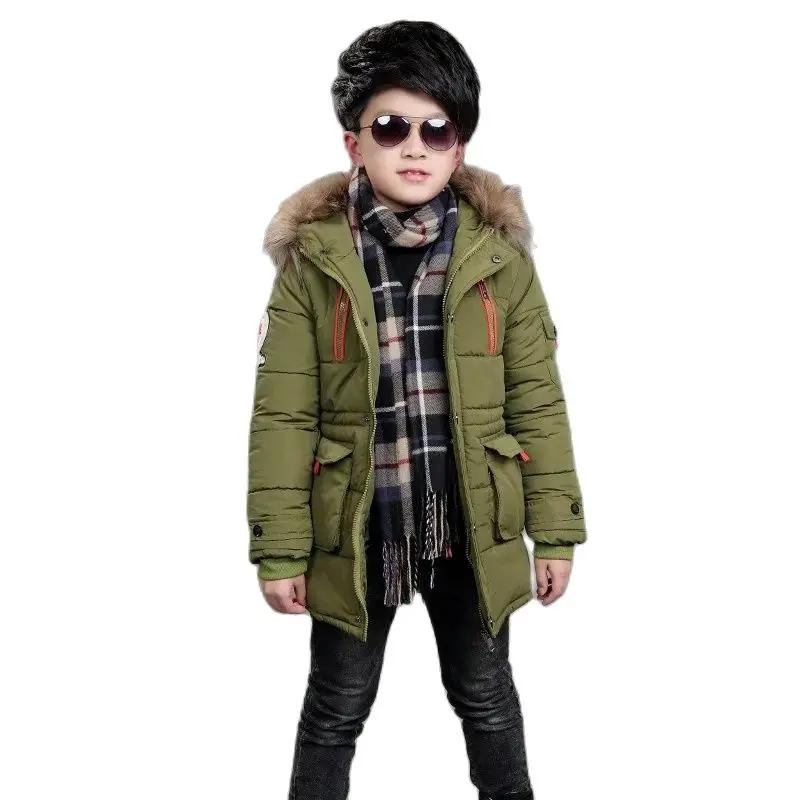 3 -14 лет Очень Теплая Зимняя Куртка для Мальчиков Подростковая Средней Длины Плюс Бархат Толстый Меховой воротник С Капюшоном Хлопковое Пальто для Детей