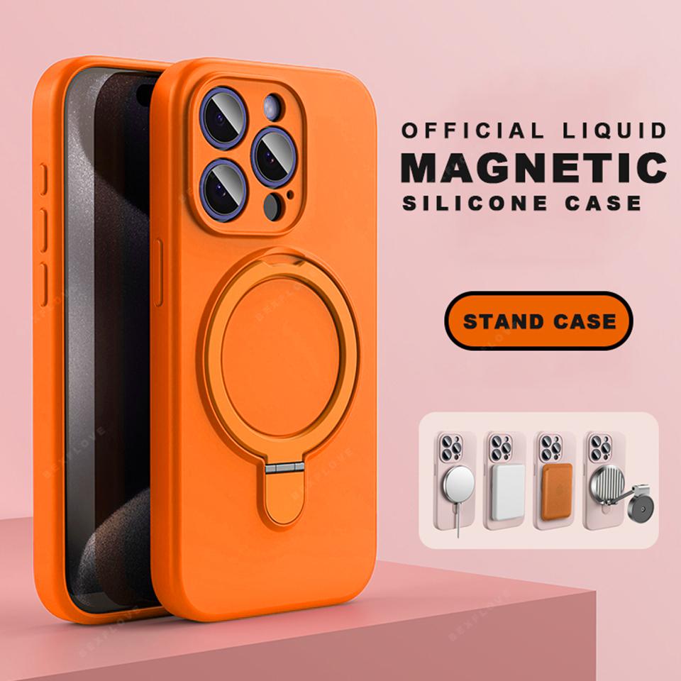 Магнитный Чехол из Жидкого Силикона для Телефона Для Для Iphone 17 Air 14 1 16 Pro Max Кольцо Держатель Стенд Ударопрочный Защитный Чехол
