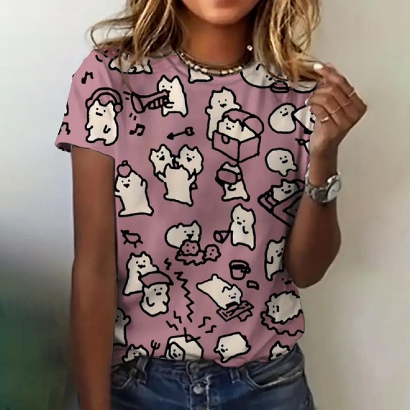Женская модная футболка, летняя одежда с круглым вырезом, элегантная повседневная верхняя одежда с коротким рукавом и принтом кота, модная свободная футболка, женская одежда