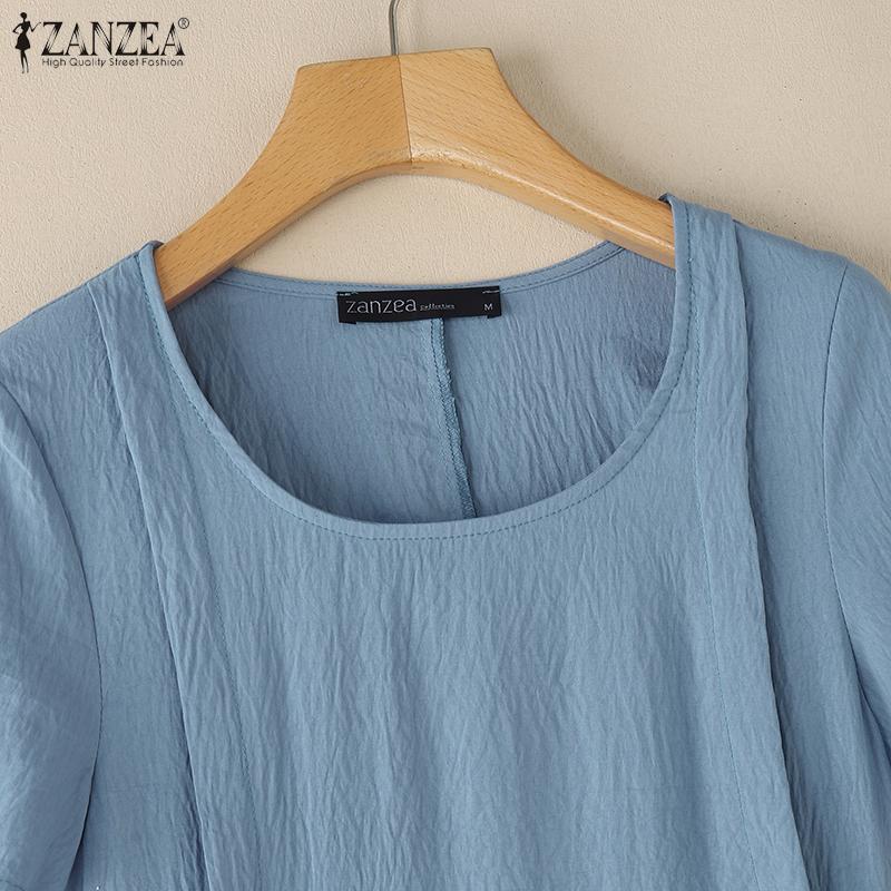 ZANZEA Women Casual Round Neck Solid Color Summer Short Sleeve Dress