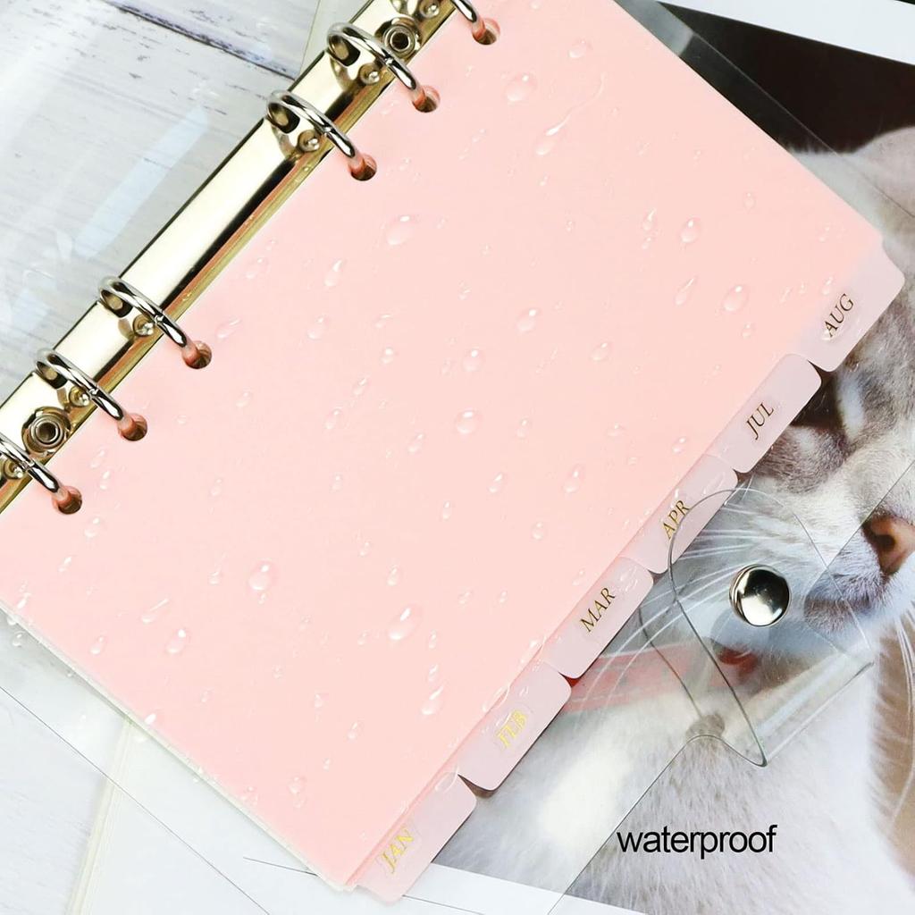 Personal A6 Dividers 6 Hole Transparent Binder Index Page Dividers with Tabs Plastic Tab Dividers with Stickers for Binders, Planner, Agenda (Pink -