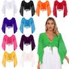 Womens Belly Dance Crop Top Adjustable Lace Up V Neck 3/4 Flared Tulle Sleeves Stage Performance Costume