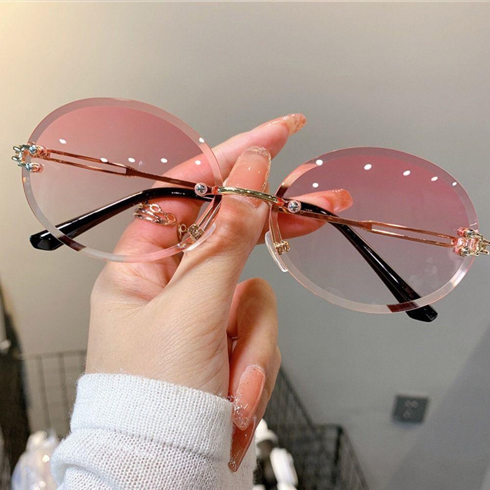 Rimless Oval Sunglasses Vintage Metal Punk Sun Glasses Trendy Frameless Shades Uv400 Protection Gradient Lens Glasses
