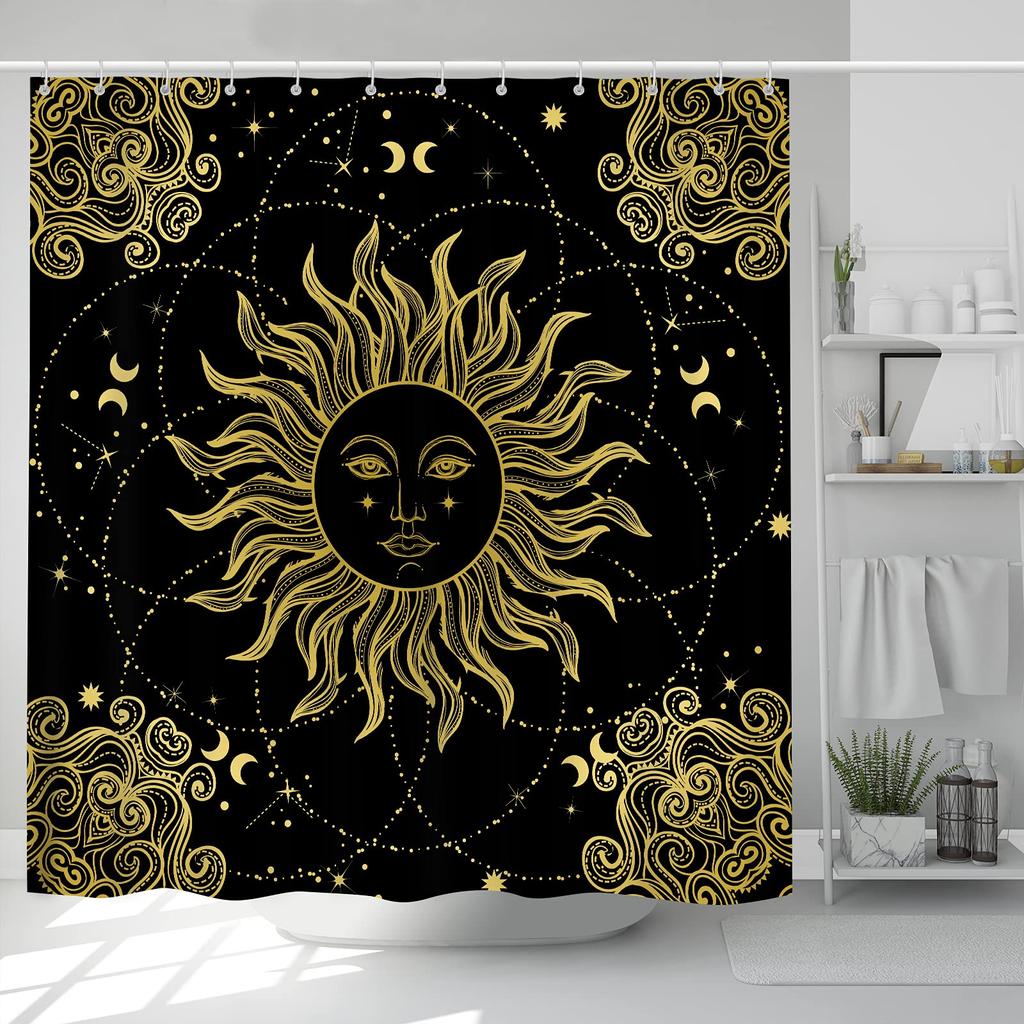 Mandala Celestial Shower Curtain Boho Moon Star Black And White Waterproof Polyester Fabric Bathroom Curtains Home Decor Hooks