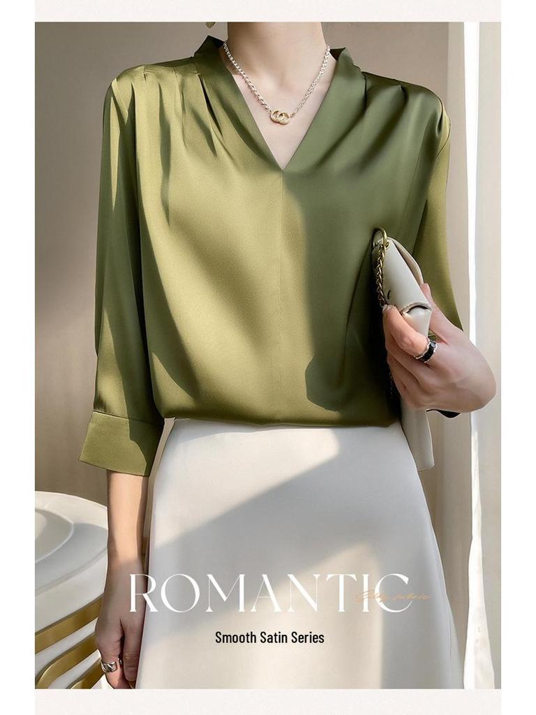Женский атласный топ с V-образным вырезом и длинными рукавами, летний