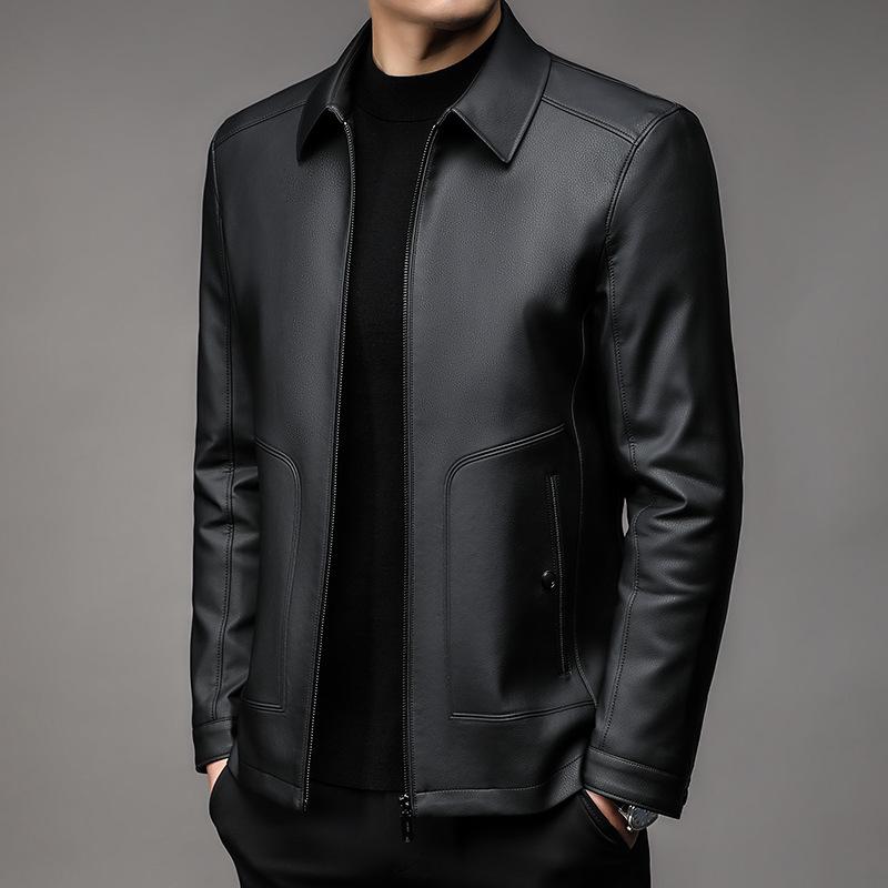 Мужская куртка из натуральной кожи для папы среднего возраста, весенне-осенняя куртка из овчины, повседневная куртка с воротником-стойкой, мотоциклетная куртка