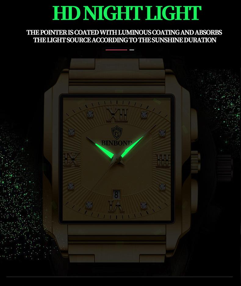 2023 New Square Steel Band Simple Sports Outdoor Men's Watch Calendar Quartz Watch for Men Waterproof BINBOND Wristwatches Male