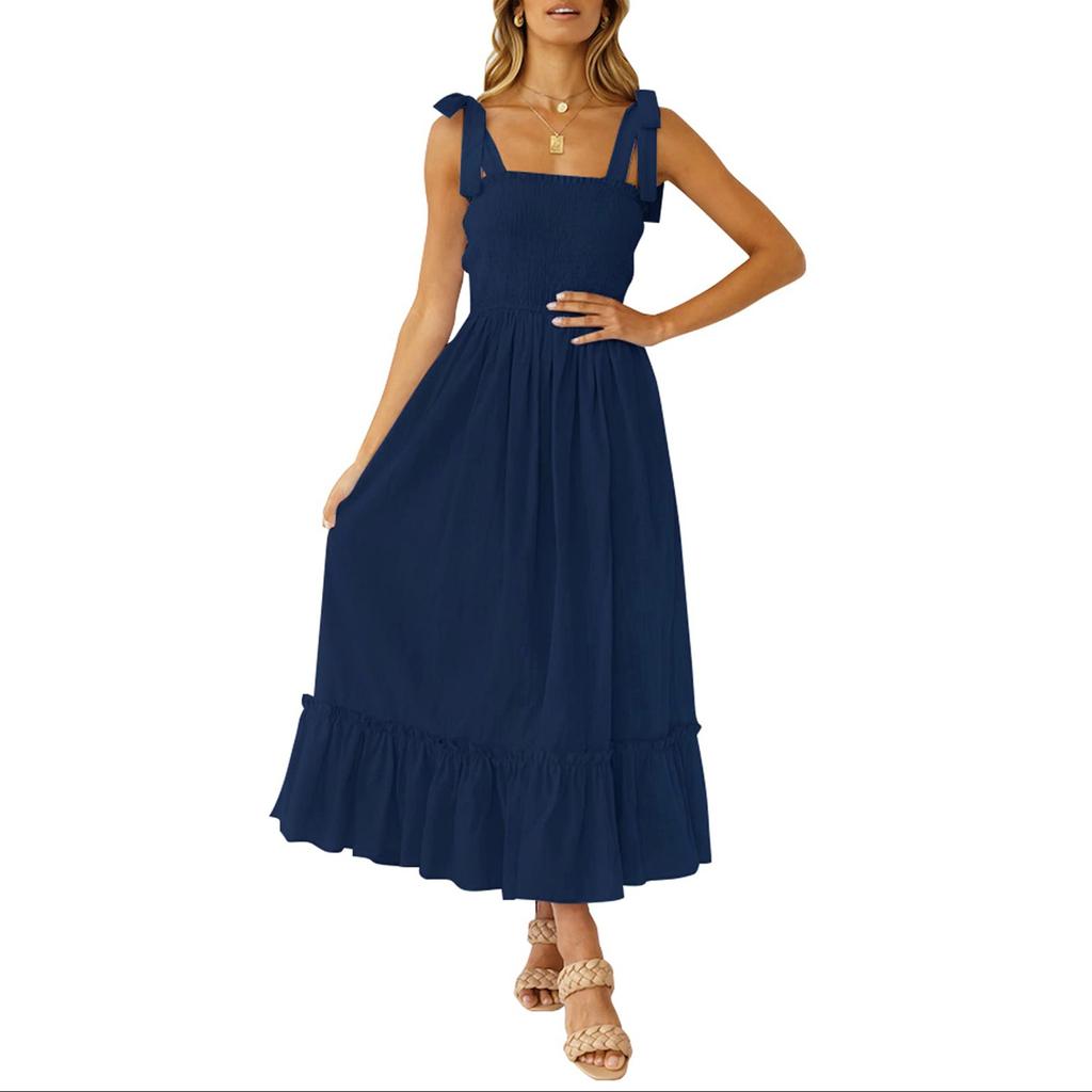 Женские модные богемные бретели с квадратным вырезом, однотонные пляжные длинные платья трапециевидной формы с рюшами