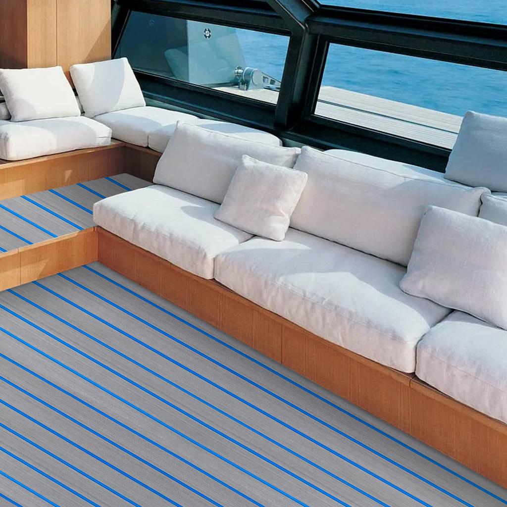 Non-Slip Self-Adhesive EVA Foam Decking Sheet, 240x60cm (95"x24"), Gray Blue Stripe Faux Teak Marine Mat for Boat Floor, Yacht