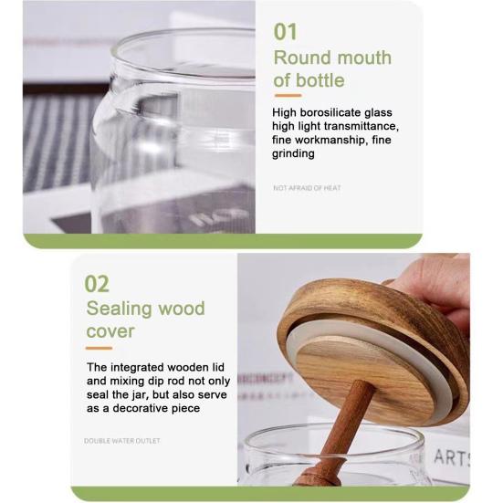 Glass Honey Jar 400ml Transparent Sealed Tank with Wooden Lid Dip Sticks Airtight Canister Syrup Dispenser for Home Kitchen Bar