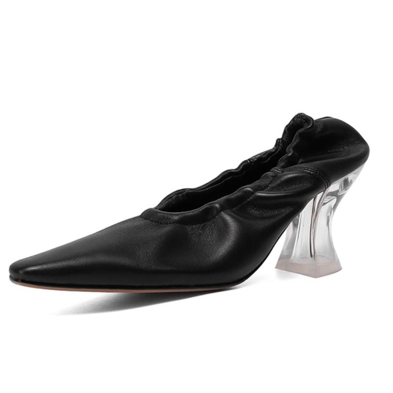 Women Pumps Natural Leather Shoes Plus Size 22-26.5cm Length Soft Sheepskin Pointed Crystal Heel Full Leather Shoes