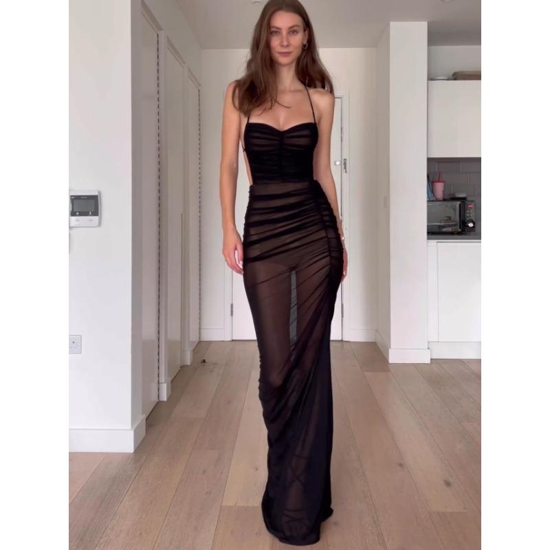 Женские прозрачные платья с открытой спиной и высоким разрезом через бретельку