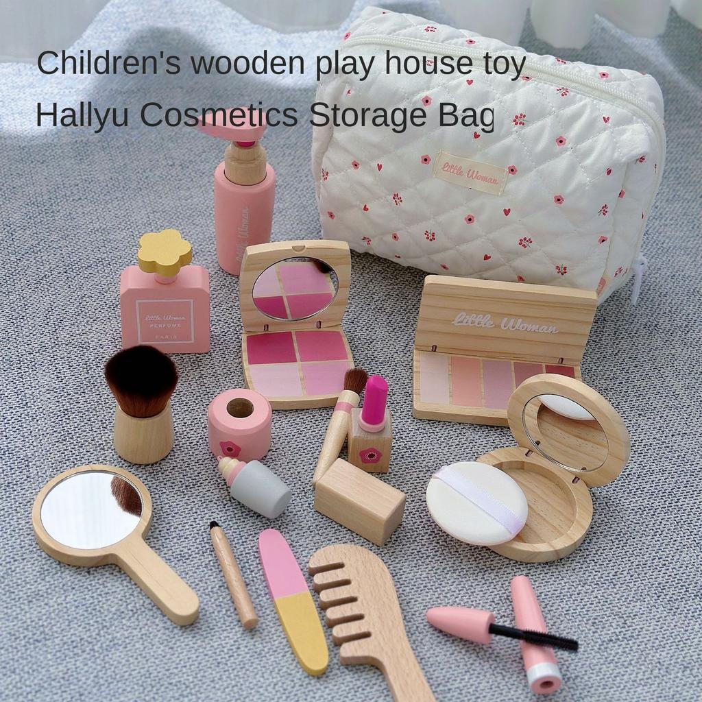 Wooden Makeup Toy Set for Girls, Korean Style Pretend Play Cosmetic Kit with Eyeshadow, Powder, Lipstick & Perfume