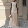 Women's Elegant Beige Sleeveless Top with Pleated Midi Skirt Set