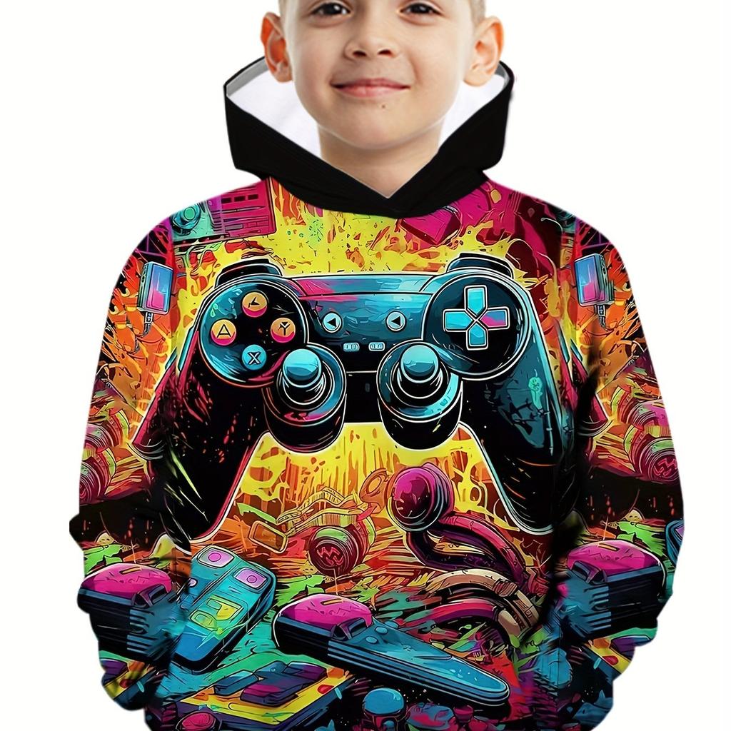 Stylish Boys 3D Print Long Sleeve Hoodie - Soft Slight Stretch Polyester Fabric, Regular Fit, Machine Washable, Random Pattern