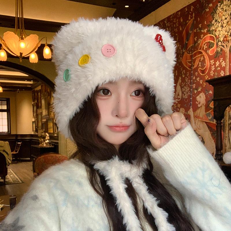 Cute Button Bear Ears Plush Knitted Hat Children'S Season Warm Ear Protection Cold Wool Hat Head Hat