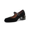 2024 Spring Fashion Single Shoes Women's New Elegant Black Sheep Velvet Mid-high Heels Ladies All-Match Buckle Mary Jane Shoes