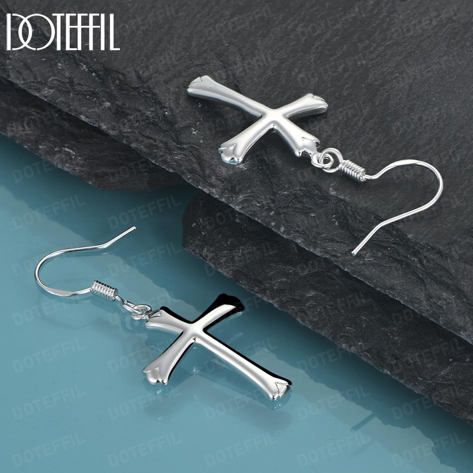 925 Sterling Silver Cross Pendant Piercing Earrings Fashion Wedding Jewelry