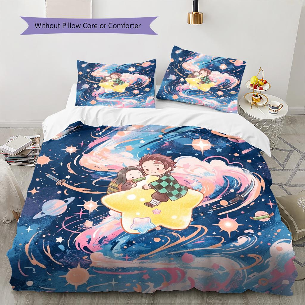 Demon Slayer Tanjiro Pattern Bedding Quilt Set Quilt Cover Pillowcase Home Decoration Birthday Gift (1 * duvet cover + 2 * pillowcase, without core)