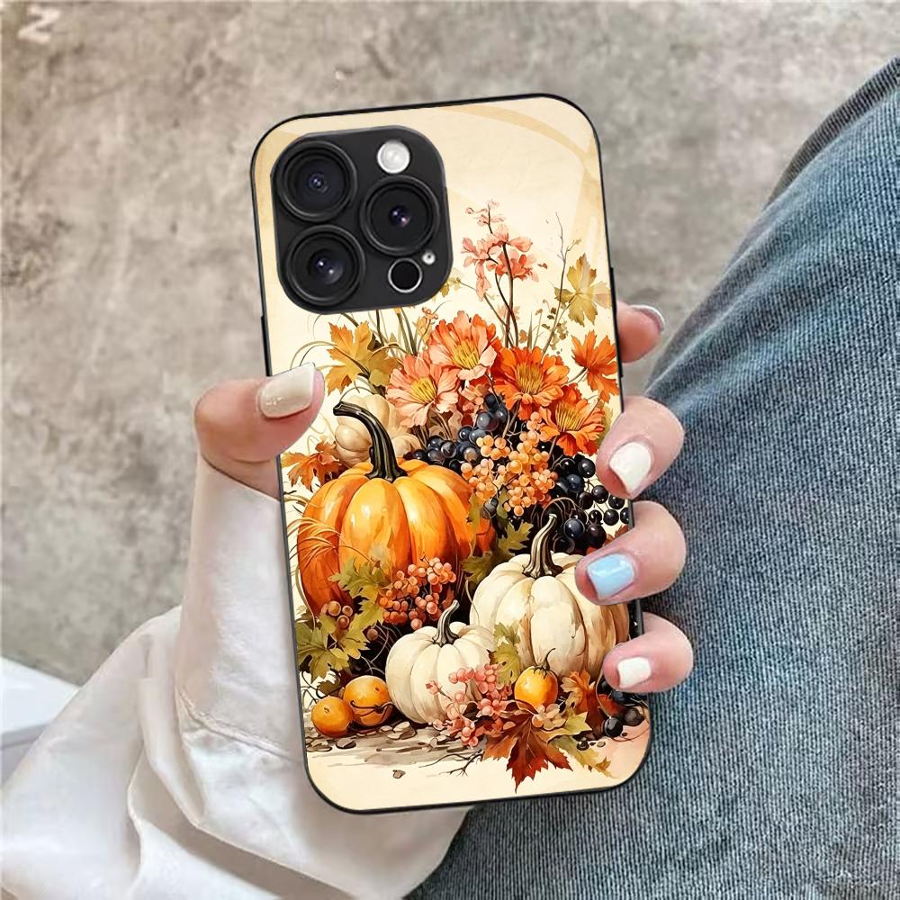 Autumn Pumpkin Black Glass Phone Case For iPhone 17 16 15 14 13 12 11 Pro Max Plus Soft Silicone Bumper Anti‑Knock Back Cover