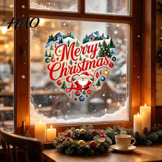 Santa Claus Wall Stickers Merry Christmas Window Cling, Heart Shaped Sticker with Xmas Creative Holiday Home Accents Tree Balls, Winter Static