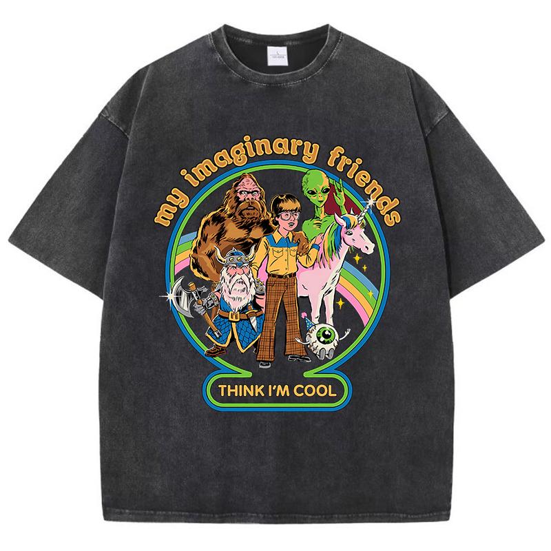 Мои воображаемые друзья думают, что я крутой, стираная ретро-футболка для мужчин, мягкая повседневная футболка большого размера, хлопковая футболка, свободная футболка