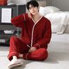 Красная пижама мужская осенне-зимняя с полукраем, флисовая, новогодняя, для дома, осенне-зимняя, утепленная флисом, из кораллового флиса, костюм
