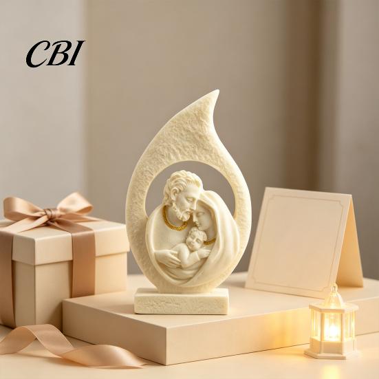 Holy Family Relief Statue Figurine Ornament, Modern Hollow Water Drop Resin Frosted Texture Religious Art Statue, Western Style Tabletop Sculpture for