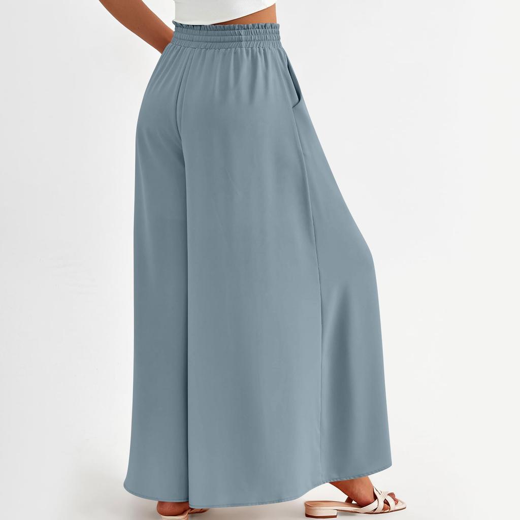 Женские широкие брюки с высокой талией, летние повседневные струящиеся брюки-палаццо, однотонные пляжные брюки с карманом