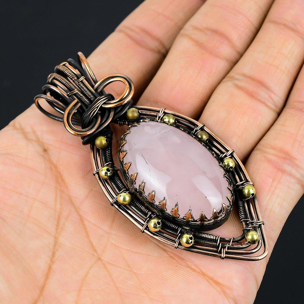 Fancy Rose Quartz Gemstone Pure Copper Wire Wrapped Handmade Jewelry Pendant