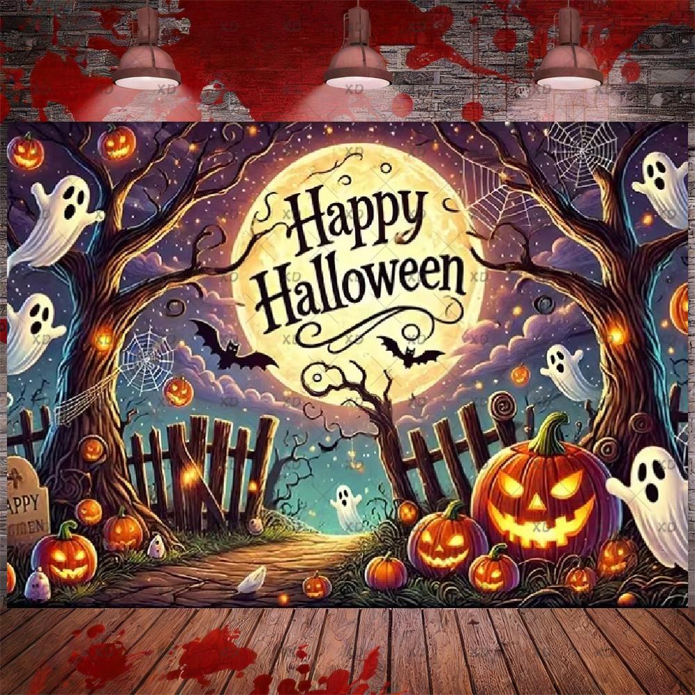 Halloween Party Decor: Pumpkin Backdrop, Ghosts, Haunted House, Photography Props, Photo Booth Banner54