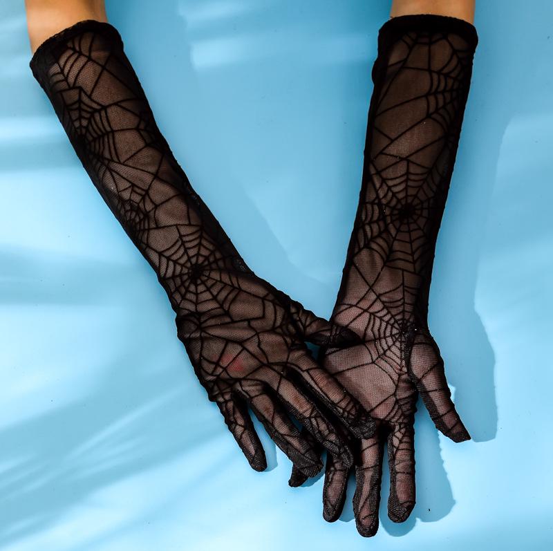 Korean Style Lace Fingerless UV-Protection Gloves – Black Spider Web Design for Women