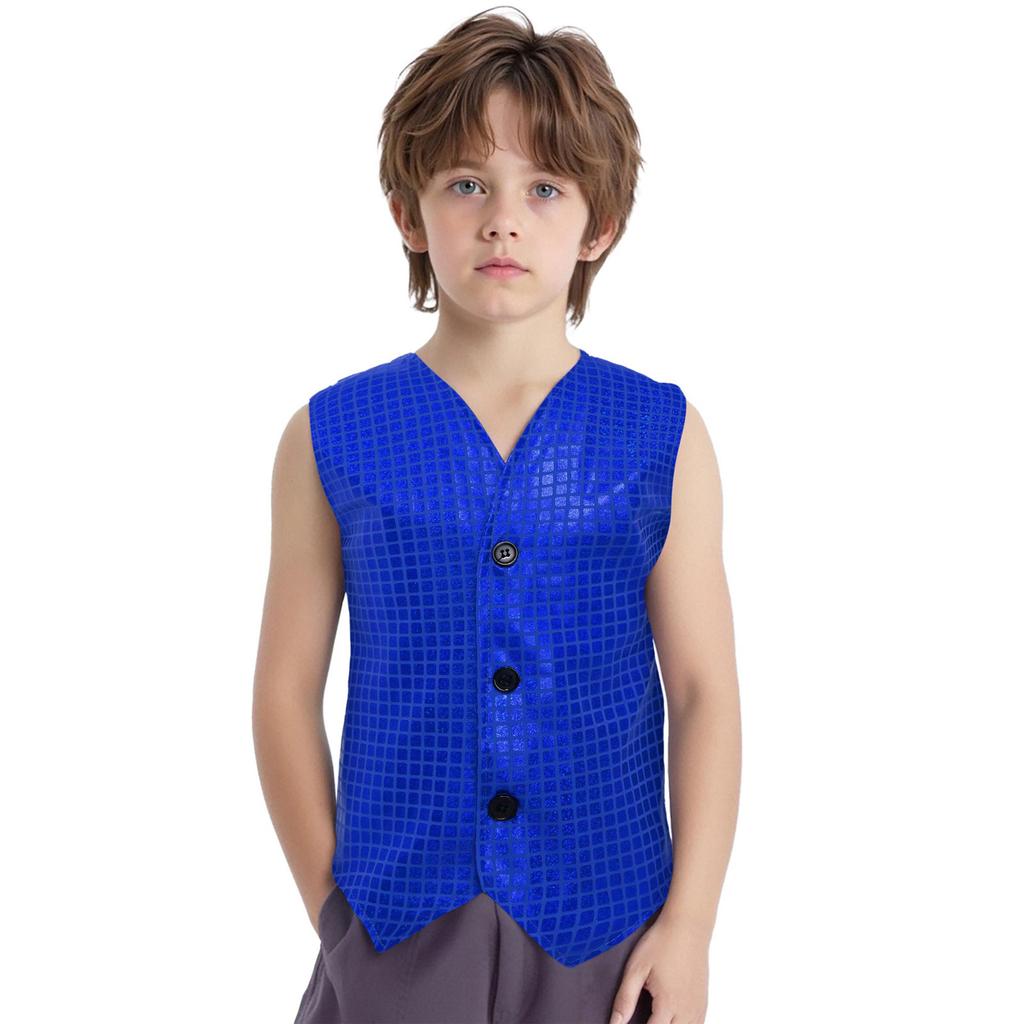 Boys Girls Dance Stage Performance Costume V Neck Sleeveless Asymmetrical Hem Button Metallic Plaid Vest