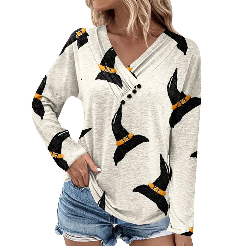 Женская туника с длинным рукавом, свободные топы, повседневные топы оверсайз, плиссированная туника на пуговицах, повседневные осенние женские топы с принтом на Хэллоуин