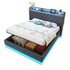 Adult Bed LED Upholstered 140x200cm with USB Charging Connection Double And Hydraulic Storage Skin-Friendly Linen Fabric Gray Children
