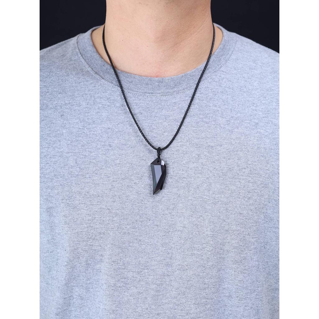 Obsidian Wolf Fang Amulet Good Luck Pendant Necklace Leather Chain [Coai] Men's