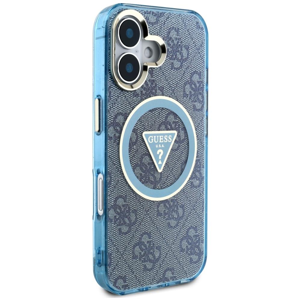 Guess IML Metal Glitter 4G Circle Triangle MagSafe case for iPhone 16 blue