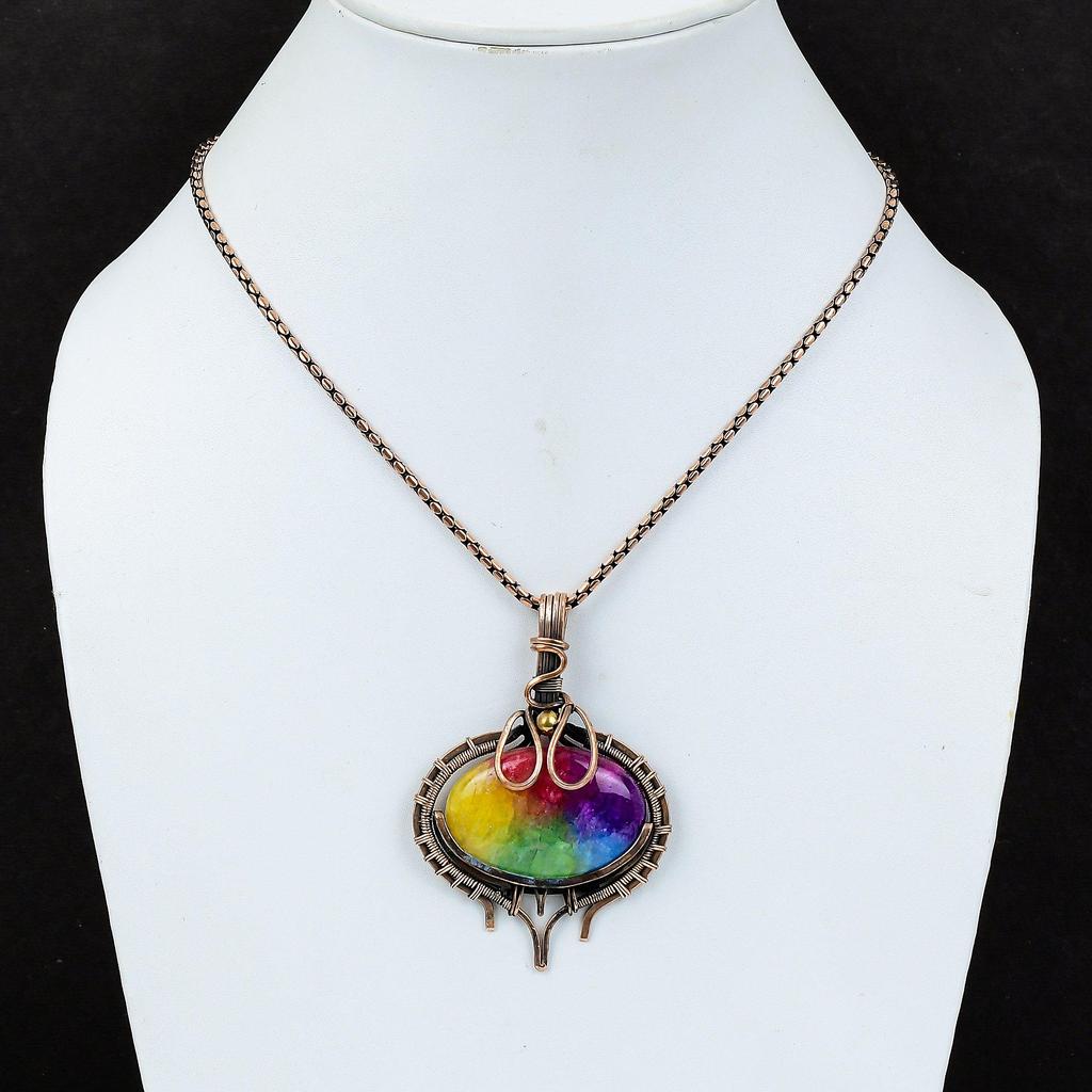 Rainbow Solar Quartz Gemstone Pure Copper Wire Wrapped Handmade Pendant Jewelry