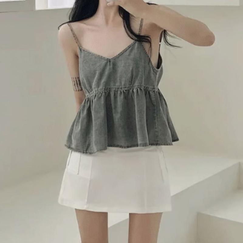 Стильная элегантность, мода, женский повседневный жилет, милый джинсовый топ с V-образным вырезом, женская многослойная летняя рубашка с оборками и тонкими шикарными короткими топами