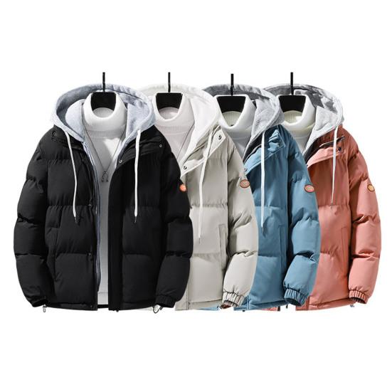 Men Autumn Winter Hooded Long Sleeve Coat Fake Two Pieces Pockets Zipper Placket Jacket Windproof Thickened Cotton Outwear