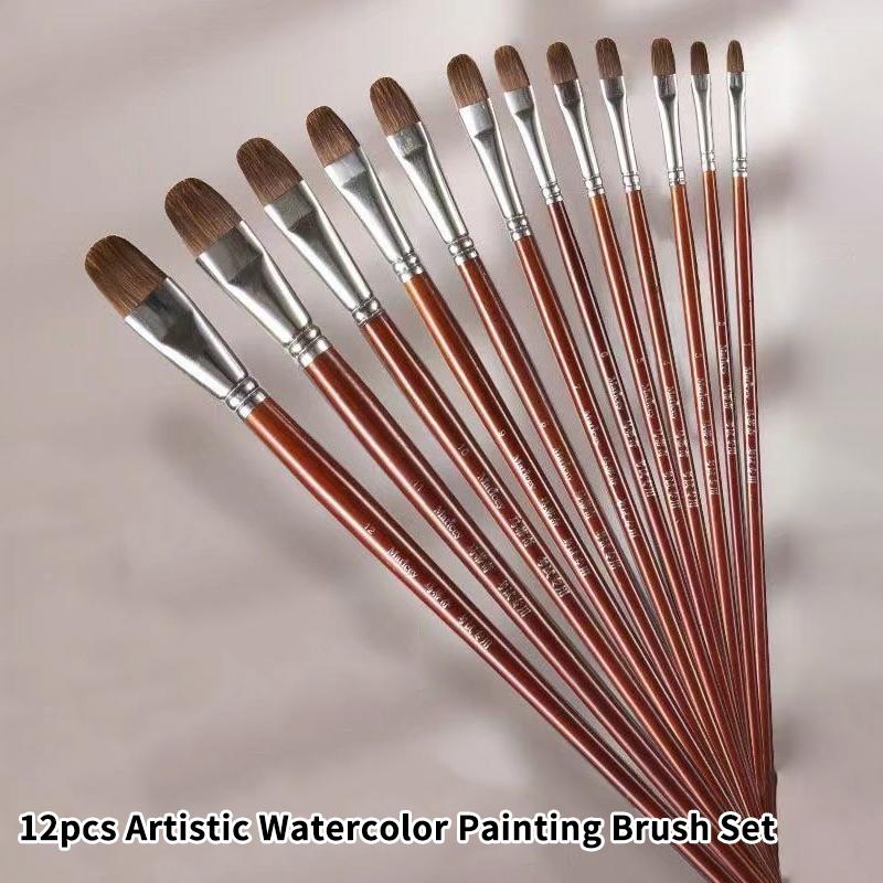12Pcs/Set High-Grade Weasel Hair Oil Painting Brush Hazel Shap Row Pen Long Birch Rod Acrylic Drawing Art Supplies Artist Supply